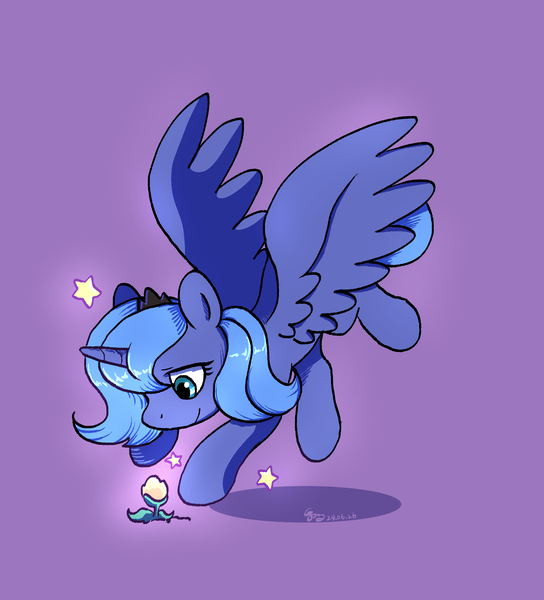 Size: 2459x2711 | Tagged: safe, artist:brella, derpibooru import, princess luna, alicorn, pony, drop shadow, female, filly, filly luna, flower, flying, image, landing, looking at something, luna's crown, png, signature, simple background, smiling at something, solo, stars, woona, younger