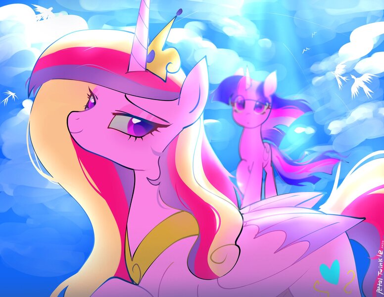 Size: 2048x1583 | Tagged: safe, artist:petaltwinkle, derpibooru import, princess cadance, twilight sparkle, twilight sparkle (alicorn), alicorn, bird, pony, g4, abstract, backlighting, cloud, colored wings, colored wingtips, crepuscular rays, day, duo, duo female, eye clipping through hair, eyelashes, eyeshadow, female, folded wings, horn, image, jpeg, lidded eyes, long horn, long mane, looking at someone, looking back, makeup, mare, multicolored mane, multicolored tail, outdoors, peytral, pink coat, pink eyeshadow, purple coat, purple eyes, purple wingtips, raised hoof, shiny eyes, signature, sky background, smiling, solo focus, standing, tail, tri-color mane, tri-color tail, tri-colored mane, tri-colored tail, tricolor mane, tricolor tail, tricolored mane, tricolored tail, unicorn horn, wind, windswept mane, windswept tail, wings