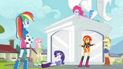 Size: 1920x1080 | Tagged: safe, derpibooru import, screencap, applejack, fluttershy, pinkie pie, rainbow dash, rarity, sunset shimmer, human, equestria girls, g4, applejack's hat, boots, clothes, cowboy boots, cowboy hat, football, hat, image, my little pony equestria girls: rainbow rocks, png, polka dot socks, rainbow socks, raised leg, shoes, socks, sports, striped socks, wondercolt statue