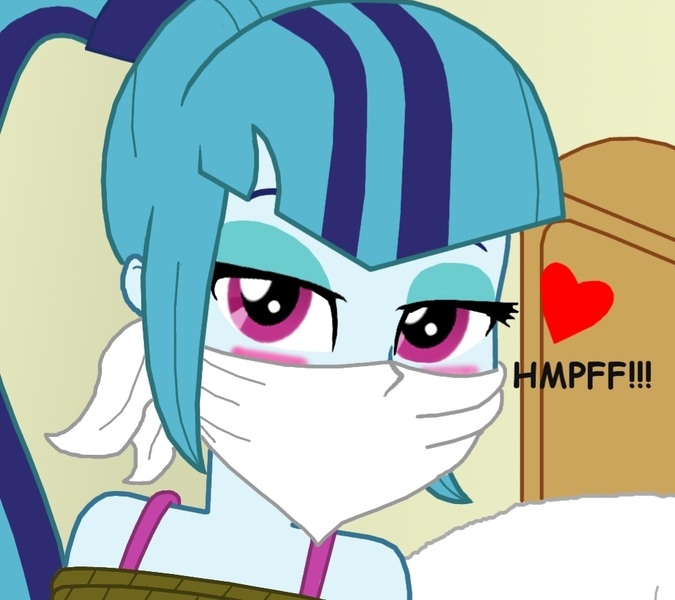 Size: 985x876 | Tagged: safe, artist:robukun, derpibooru import, sonata dusk, human, equestria girls, g4, cloth gag, gag, humanized, image, jpeg, muffled words, over the nose gag, ropes
