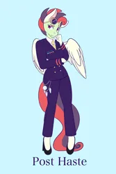 Size: 4000x6000 | Tagged: safe, artist:mscolorsplash, derpibooru import, oc, oc:post haste, pegasus, clothes, commissioner:dhs, confident, dreamcatcher, freckles, goggles, high heels, image, long tail, military uniform, name, necktie, png, shoes, simple background, tail, text, uniform