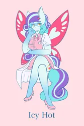 Size: 4000x6000 | Tagged: safe, artist:mscolorsplash, derpibooru import, oc, oc:icy hot, changeling, bowtie, butterfly wings, clothes, commissioner:dhs, doctor, hairpin, heart, high heels, image, lab coat, long tail, looking at you, name, png, shoes, simple background, skirt, stethoscope, tail, text, wings