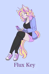 Size: 4000x6000 | Tagged: safe, artist:mscolorsplash, derpibooru import, oc, oc:flux key, unicorn, breasts, cleavage, clothes, commissioner:dhs, eyeshadow, headphones, hoodie, horn, image, kneesocks, lipstick, looking at you, makeup, name, phone, png, shoes, shorts, simple background, socks, text, zipper