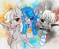 Size: 2880x2400 | Tagged: safe, artist:fub, derpibooru import, oc, oc:cork, unofficial characters only, bat pony, pegasus, pony, unicorn, clothes, dark skin, egyptian, eye clipping through hair, eyebrows, eyebrows visible through hair, female, greek, horn, hug, image, jpeg, mare, small wings, socks, sternocleidomastoid, stockings, striped socks, thigh highs, trio, wings