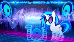 Size: 3840x2160 | Tagged: safe, artist:ikillyou121, artist:wild-woelfchen, derpibooru import, edit, vinyl scratch, pony, unicorn, g4, abstract background, female, horn, image, jpeg, mare, name, smiling, solo, soundwave, speaker, standing, sunglasses, wallpaper, wallpaper edit