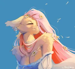 Size: 2000x1842 | Tagged: safe, artist:livitoza, derpibooru import, fluttershy, anthro, breasts, bust, choker, cleavage, clothes, daisy (flower), dress, ear piercing, earring, eyes closed, female, floppy ears, flower, flower in hair, image, jewelry, piercing, png, shoulder fluff, shoulderless, simple background, smiling, solo, sundress