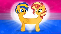 Size: 5360x3015 | Tagged: safe, artist:andoanimalia, derpibooru import, sunset shimmer, oc, oc:flare spark, pegasus, pony, unicorn, g4, bisexual, conjoined, couple, folded wings, grin, happy, heart, horn, image, looking at each other, looking at someone, open mouth, open smile, png, ship:flareset, smiling, smiling at each other, smiling at someone, wings