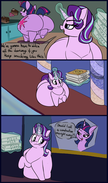 Size: 3491x5880 | Tagged: suggestive, artist:andesblorps, artist:polofastter, derpibooru import, starlight glimmer, twilight sparkle, twilight sparkle (alicorn), alicorn, pony, unicorn, g4, adorafatty, belly, belly on floor, big belly, blushing, body type, butt, cake, comic, door, duo, eating, fat, female, food, glow, glowing horn, high res, horn, hypocrisy, image, indoors, large butt, levitation, magic, mare, pizza, plot, png, rear view, starlard glimmer, stuck, telekinesis, the ass is monstrously oversized for tight entrance, the ass was fat, too fat to fit, too fat to get through, twibutt, twilard sparkle