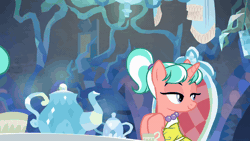 Size: 800x450 | Tagged: safe, derpibooru import, edit, edited screencap, screencap, stepford ponies, earth pony, pony, unicorn, g4, what lies beneath, animated, chair, clothes, cup, dress, duo, female, gif, grin, horn, image, jewelry, lidded eyes, mare, necklace, pearl necklace, smiling, squirting, table, talking, tea party, teacup, teapot, vaginal secretions