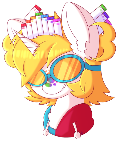 Size: 1584x1896 | Tagged: safe, artist:pasteldraws, derpibooru import, oc, unofficial characters only, pony, commission, goggles, horn, image, marker crown, markers, paint, paint splatter, png, rainbow, simple background, smiling, smirk, solo, traditional art, transparent background