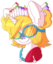 Size: 1584x1896 | Tagged: safe, artist:pasteldraws, derpibooru import, oc, unofficial characters only, pony, commission, goggles, horn, image, marker crown, markers, paint, paint splatter, png, rainbow, simple background, smiling, smirk, solo, traditional art, transparent background