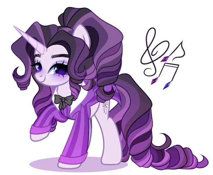 Size: 2034x1671 | Tagged: safe, artist:just-silvushka, derpibooru import, oc, unofficial characters only, pony, unicorn, clothes, curly mane, curly tail, cutie mark, eyelashes, horn, image, long horn, long tail, magical lesbian spawn, next generation, offspring, parent:octavia melody, parent:rarity, parents:raritavia, png, ponytail, simple background, solo, suit, tail, transparent background