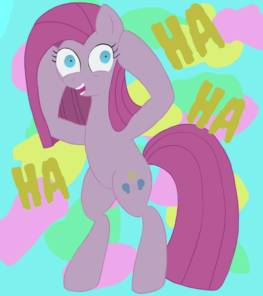 Size: 3200x3600 | Tagged: safe, artist:anonymous, derpibooru import, pinkie pie, earth pony, pony, g4, /bale/, 2d, bipedal, female, ha ha ha, head in hooves, image, looking at you, losing my mind, mare, pinkamena diane pie, png, shrunken pupils, solo, splotches, standing on two hooves