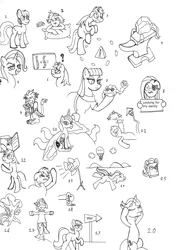 Size: 1380x1950 | Tagged: safe, artist:fleximusprime, derpibooru import, maud pie, pinkie pie, princess luna, trixie, oc, earth pony, gryphon, unicorn, atg 2024, black and white, grayscale, horn, image, monochrome, newbie artist training grounds, png, simple background, white background