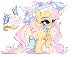 Size: 2500x2000 | Tagged: safe, artist:just-silvushka, derpibooru import, oc, unofficial characters only, bird, butterfly, earth pony, insect, swan, adoptable, blue eyes, bow, clothes, cutie mark, eyelashes, eyeshadow, female, hat, image, lace, long mane, long tail, magical lesbian spawn, makeup, next generation, offspring, parent:fluttershy, parent:swan song, png, simple background, socks, solo, striped mane, striped tail, tail, transparent background