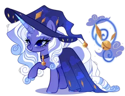 Size: 2331x1788 | Tagged: safe, artist:just-silvushka, derpibooru import, oc, unofficial characters only, unicorn, adoptable, bell, bell collar, cape, clothes, collar, curly mane, curly tail, cutie mark, eyelashes, eyeshadow, female, hat, horn, image, long tail, makeup, offspring, parent:rarity, parent:star swirl the bearded, png, simple background, solo, tail, transparent background