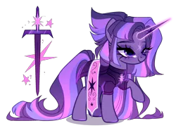 Size: 2312x1679 | Tagged: safe, artist:just-silvushka, derpibooru import, oc, unofficial characters only, pony, unicorn, adoptable, bodysuit, clothes, clothes swap, cutie mark, eyelashes, eyeshadow, female, glow, glowing horn, horn, image, long horn, long tail, magical lesbian spawn, makeup, mare, offspring, parent:tempest shadow, parent:twilight sparkle, parents:tempestlight, png, purple eyes, purple fur, purple mane, purple tail, short mane, simple background, solo, striped mane, striped tail, sword, tail, transparent background, weapon