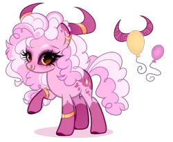 Size: 2097x1728 | Tagged: safe, artist:just-silvushka, derpibooru import, oc, unofficial characters only, hybrid, pony, adoptable, bracelet, coat markings, colored sclera, cutie mark, ear piercing, earring, eyelashes, eyeshadow, golden eyes, horns, image, jewelry, makeup, next generation, nose piercing, offspring, parent:pinkie pie, parent:tirek, piercing, pink fur, pink mane, pink tail, png, simple background, socks (coat marking), solo, spots, tail, transparent background