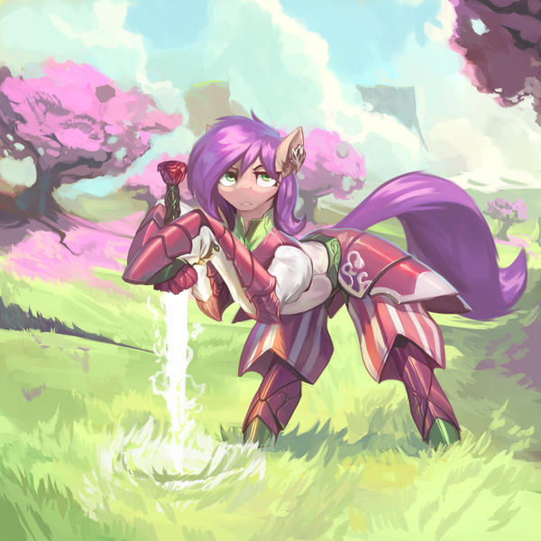 Size: 3000x3000 | Tagged: safe, artist:nsilverdraws, derpibooru import, oc, oc:crystal tinder, unofficial characters only, earth pony, pony, absurd resolution, armor, armored pony, background, cherry blossoms, ear piercing, earth pony oc, female, flower, flower blossom, grass, grass field, guardsmare, image, mare, parent:oc:harmony, parent:oc:rose tinder, piercing, png, royal guard, solo, sword, weapon