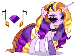 Size: 2154x1602 | Tagged: safe, artist:just-silvushka, derpibooru import, oc, unofficial characters only, unicorn, adoptable, clothes, collar, curly mane, curly tail, diamond, eyelashes, eyeshadow, female, gloves, gold eyeshadow, hairband, horn, image, long ho, makeup, next generation, offspring, parent:adagio dazzle, parent:rarity, png, purple eyes, purple fur, ringlets, striped mane, striped tail, tail