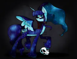 Size: 3290x2536 | Tagged: safe, alternate version, artist:maniczombiedreamgirl, derpibooru import, oc, oc:daylights end, unofficial characters only, alicorn, 3d cutie mark, art fight, bald face, blaze (coat marking), blue coat, blue eyes, blue mane, choker, coat markings, colored pinnae, countershading, ear fluff, facial markings, female, flowing hair, flowing mane, flowing tail, image, looking at you, moon, png, simple background, skull, slit pupils, solo, spread wings, standing, standing on two hooves, stars, stepping on something, tail, unshorn fetlocks, watermark, wings