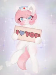 Size: 4096x5461 | Tagged: safe, artist:sodapop sprays, derpibooru import, nurse redheart, pony, blushing, ear fluff, eye clipping through hair, freckles, hat, holding sign, i love you, image, looking at you, nurse hat, png, positive message, positive ponies, sign, solo