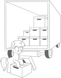 Size: 834x1071 | Tagged: safe, artist:nauyaco, derpibooru import, oc, unofficial characters only, pony, unicorn, box, female, horn, image, mare, monochrome, png, simple background, solo, truck, white background