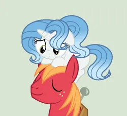 Size: 614x558 | Tagged: safe, artist:roseloverofpastels, derpibooru import, big macintosh, oc, oc:clear crystal, earth pony, pony, unicorn, big macintosh's yoke, duo, duo male and female, eyes closed, female, filly, foal, freckles, frown, gradient mane, gradient tail, horn, horse collar, image, looking at someone, male, offspring, on head, parent:fancypants, parent:rarity, parents:raripants, png, simple background, smiling, style emulation, tail, yoke