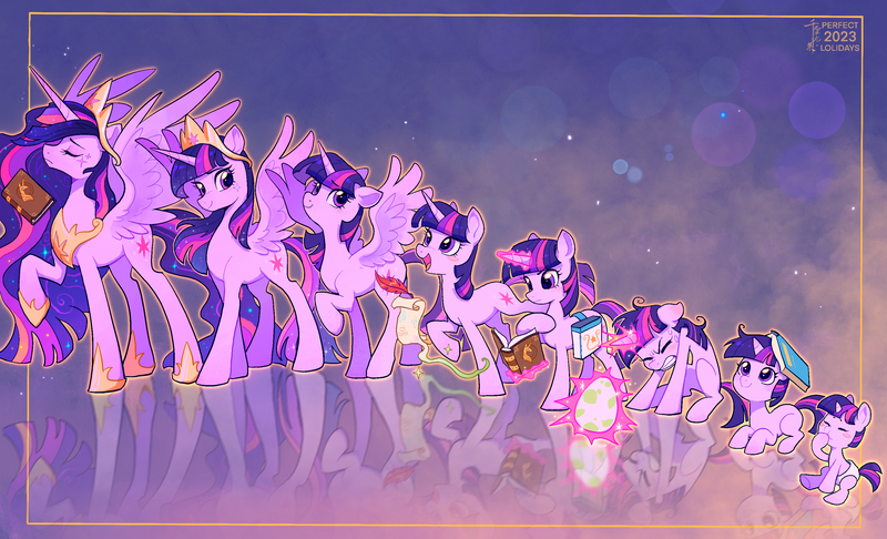 Size: 3181x1933 | Tagged: safe, artist:千雲九枭, derpibooru import, princess twilight 2.0, twilight sparkle, twilight sparkle (alicorn), alicorn, pony, unicorn, g4, the last problem, abstract background, age progression, bag, book, concave belly, crown, diaper, egg, ethereal mane, ethereal tail, eyes closed, female, filly, filly twilight sparkle, floppy ears, foal, height difference, hoof shoes, horn, image, jewelry, letter, magic, mare, older, older twilight, older twilight sparkle (alicorn), peytral, png, quill, raised hoof, reflection, regalia, saddle bag, scroll, sitting, size difference, slender, solo, spike's egg, spread wings, standing, tail, tall, telekinesis, thin, unicorn twilight, wings, younger