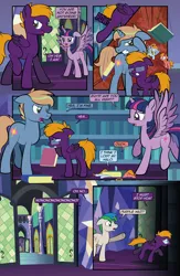 Size: 1920x2948 | Tagged: safe, artist:alexdti, derpibooru import, twilight sparkle, twilight sparkle (alicorn), oc, oc:aqua lux, oc:brainstorm (alexdti), oc:dark purple, oc:purple creativity, oc:warm focus, alicorn, pony, comic:quest for friendship retold, angel, book, devil, image, library, png, r63 paradox, shoulder angel, shoulder devil, twilight's castle, twilight's castle library