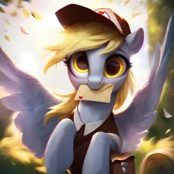 Size: 2880x2880 | Tagged: safe, ai content, derpibooru import, machine learning generated, prompter:derp621, stable diffusion, derpy hooves, pegasus, pony, g4, bag, blurry background, envelope, generator:pony diffusion v6 xl, image, jpeg, looking at you, mailbag, prompt in description, solo