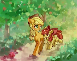 Size: 2533x2000 | Tagged: safe, artist:lendftcn, artist:meowleft, derpibooru import, apple bloom, applejack, earth pony, pony, g4, apple, apple tree, duo, duo female, female, filly, foal, food, image, jpeg, jumping, mare, siblings, sisters, tree