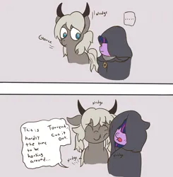 Size: 1600x1630 | Tagged: safe, artist:wanda, derpibooru import, twilight sparkle, ponified, pony, dialogue, duo, elden ring, freckles, horns, image, nuzzling, png, speech bubble, text, torrent (elden ring)