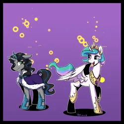 Size: 2000x2000 | Tagged: safe, artist:brella, derpibooru import, king sombra, princess celestia, duo, duo male and female, female, good king sombra, gradient background, image, male, png, rule 63, ship:celestibra, shipping, straight