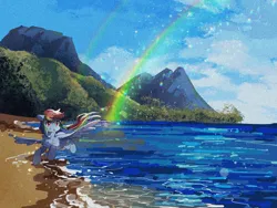 Size: 2160x1620 | Tagged: safe, artist:lendftcn, derpibooru import, rainbow dash, pegasus, pony, g4, beach, cloud, female, film grain, flying, image, mare, mountain, ocean, open mouth, png, rainbow, sand, sky, solo, spread wings, water, wings