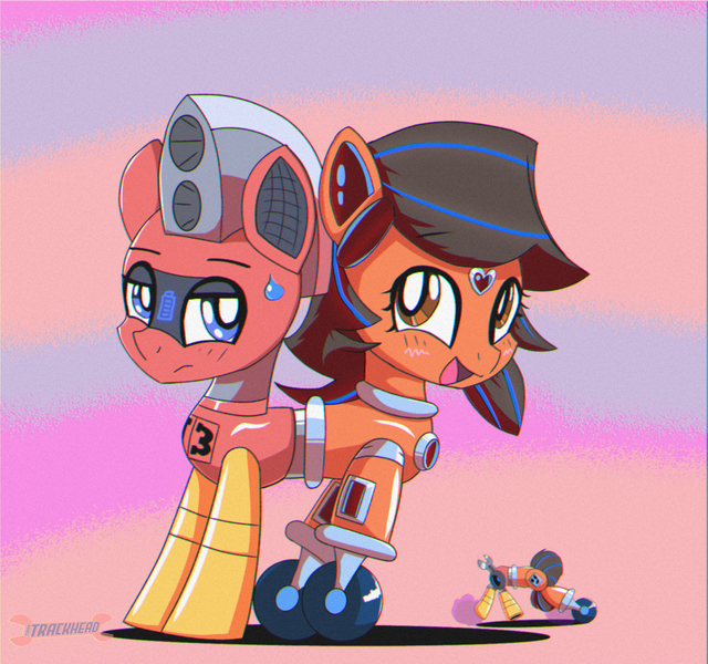 Size: 1600x1500 | Tagged: safe, artist:trackheadtherobopony, derpibooru import, oc, oc:robertapuddin, oc:trackhead, original species, pony, robot, robot pony, wheelpone, annoyed, blushing, fused, image, png, roboticization