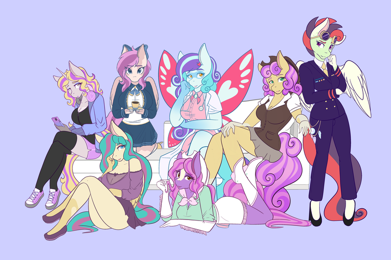 Size: 6000x4000 | Tagged: safe, artist:mscolorsplash, derpibooru import, oc, oc:chai leche, oc:curious query, oc:flux key, oc:icy hot, oc:post haste, oc:quickdraw, oc:shooting star, pegasus, unicorn, barista, bat eyes, big family, boob window, boots, bow, bowtie, breasts, butterfly wings, charm, cleavage, clothes, coat markings, commissioner:dhs, couch, cowboy boots, cowboy hat, cup, cute, doctor, dreamcatcher, eye lashes, eyeshadow, facial markings, family, female, females only, flats, freckles, gloves, goggles, hairpin, handkerchief, hat, headphones, heart, horn, image, jewelry, kneeling, kneesocks, lab coat, lipstick, looking at you, lots of characters, lying down, makeup, military uniform, mobile phone, mother and child, mother and daughter, musician, name, necktie, one eye covered, phone, png, pose, ring, saucer, sexy, shoes, shorts, simple background, sitting, skirt, smiling, socks, socks (coat marking), stethoscope, tassels, teacup, text, uniform, wedding ring, wings, zipper