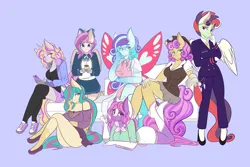 Size: 6000x4000 | Tagged: safe, artist:mscolorsplash, derpibooru import, oc, oc:chai leche, oc:curious query, oc:flux key, oc:icy hot, oc:post haste, oc:quickdraw, oc:shooting star, pegasus, unicorn, barista, bat eyes, big family, boob window, boots, bow, bowtie, breasts, butterfly wings, charm, cleavage, clothes, coat markings, commissioner:dhs, couch, cowboy boots, cowboy hat, cup, cute, doctor, dreamcatcher, eye lashes, eyeshadow, facial markings, family, female, females only, flats, freckles, gloves, goggles, hairpin, handkerchief, hat, headphones, heart, horn, image, jewelry, kneeling, kneesocks, lab coat, lipstick, looking at you, lots of characters, lying down, makeup, military uniform, mobile phone, mother and child, mother and daughter, musician, name, necktie, one eye covered, phone, png, pose, ring, saucer, sexy, shoes, shorts, simple background, sitting, skirt, smiling, socks, socks (coat marking), stethoscope, tassels, teacup, text, uniform, wedding ring, wings, zipper