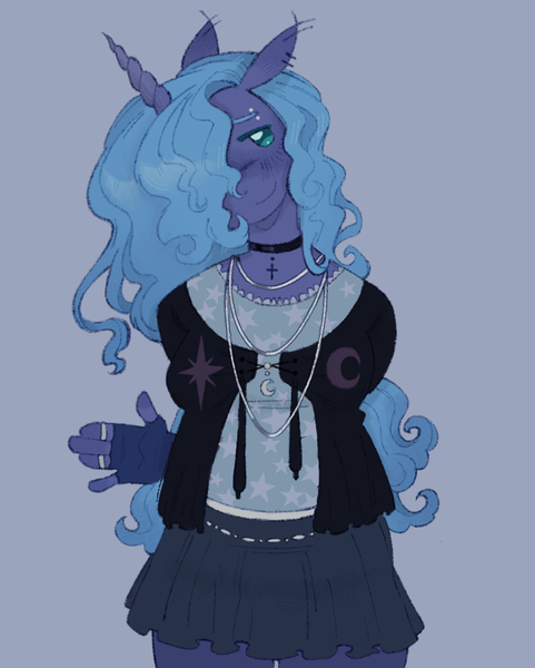 Size: 950x1184 | Tagged: safe, artist:onionpwder, derpibooru import, princess luna, alicorn, anthro, pony, g4, blue background, choker, clothes, ear piercing, eyebrow piercing, gothic, hair over one eye, image, jewelry, necklace, piercing, png, ring, simple background, skirt, solo, whimsigothic, wingless, wingless alicorn