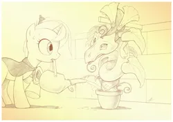 Size: 1785x1265 | Tagged: safe, artist:sherwoodwhisper, derpibooru import, oc, oc:eri, oc:whisper, unofficial characters only, mouse, pony, unicorn, cape, clothes, female, filly, flower, foal, horn, image, jpeg, male, monochrome, morning glory (flower), plant, plant pot, sweat, vine, watering, watering can