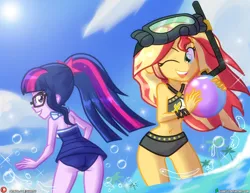 Size: 1942x1500 | Tagged: safe, artist:dieart77, derpibooru import, sci-twi, sunset shimmer, twilight sparkle, equestria girls, g4, bubble, clothes, female, image, jpeg, ocean, sparkles, sunlight, swimsuit, water