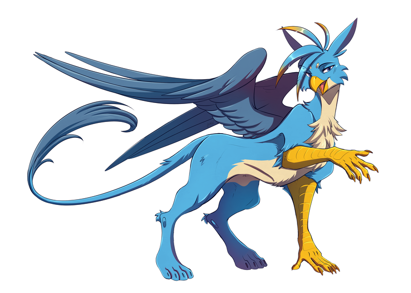 Size: 4132x2953 | Tagged: safe, artist:1an1, derpibooru import, gallus, gryphon, g4, beak, belly fluff, blue eyes, blushing, cheek fluff, chest fluff, concave belly, countershading, cute, digital art, feather, fit, high res, image, large wings, leg fluff, lidded eyes, male, neck fluff, open mouth, open smile, png, quadrupedal, raised claw, simple background, slender, smiling, solo, spread wings, thin, walk cycle, walking, white background, wings