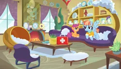 Size: 1920x1088 | Tagged: artist needed, safe, anonymous artist, artist:cloudy glow, artist:moongazeponies, derpibooru import, princess celestia, scootaloo, windy whistles, pegasus, pony, fanfic:a surprise visit, g4, bandage, clothes, cloud pillow, couch, curtains, cute, cutealoo, daaaaaaaaaaaw, duo, duo female, fanfic art, female, figurine, filly, fireplace, first aid, first aid kit, foal, grin, image, interior, jacket, living room, looking at each other, looking at someone, mare, missing cutie mark, mother and child, mother and daughter, plate, png, scootadoption, scootalove, smiling, smiling at each other, spread wings, story in the source, sweet dreams fuel, wholesome, window, windybetes, wings