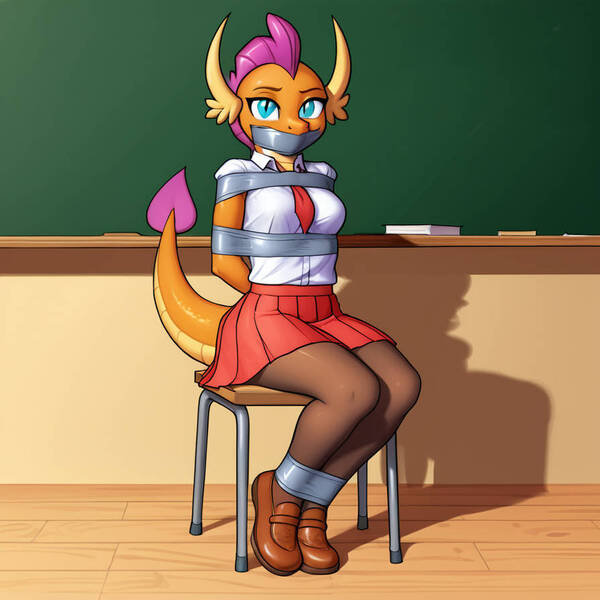 Size: 894x894 | Tagged: suggestive, ai content, derpibooru import, machine learning generated, prompter:neocorai, smolder, anthro, dragon, ankle tied, arm behind back, bdsm, bondage, bound, chair, clothes, female, gag, horns, image, jpeg, necktie, pantyhose, school uniform, schoolgirl, shoes, sitting, skirt, solo, solo female, tail, tape, tape bondage, tape gag