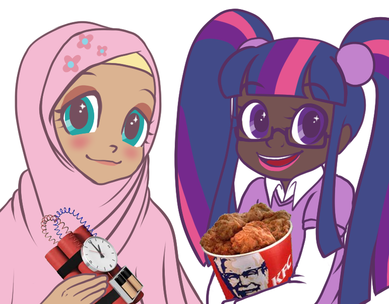 Size: 772x603 | Tagged: safe, artist:jun-k-tastic, edit, fluttershy, twilight sparkle, human, blackwashing, bomb, book, dark skin, glasses, hijab, humanized, image, islam, islamashy, kfc, png, religion, simple background, weapon, white background