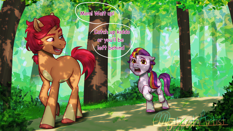 Size: 2560x1440 | Tagged: safe, artist:mythical artist, derpibooru import, oc, oc:sunspot, earth pony, pony, g5, duo, duo female, female, filly, floppy ears, foal, forest, image, looking back, mare, mother and child, mother and daughter, nature, open mouth, open smile, outdoors, png, raised hoof, raised leg, signature, smiling, sunny starscout's mother, tail, tree, unshorn fetlocks, walking, younger