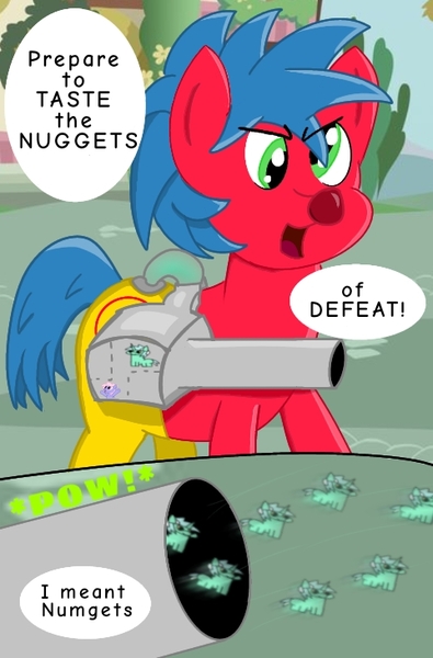 Size: 481x731 | Tagged: safe, anonymous artist, derpibooru import, rainbowshine, oc, oc:red circle, unofficial characters only, earth pony, pony, /mlp/, 4chan, blue hair, clothes, clown, gun, image, joke oc, jpeg, machine gun, numget, pow, red nose, solo, speech bubble, weapon, yellow pants