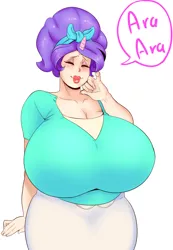 Size: 1140x1649 | Tagged: suggestive, artist:sundown, derpibooru import, edit, cookie crumbles, human, ara ara, big breasts, breasts, busty cookie crumbles, cleavage, cropped, eyes closed, female, huge breasts, humanized, image, impossibly large breasts, lipstick, milf, png, smiling, solo, solo female