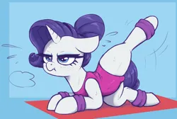 Size: 2600x1750 | Tagged: safe, artist:t72b, derpibooru import, rarity, pony, unicorn, belly, clothes, exercise, female, grumpy, horn, image, leotard, lying down, mare, pink leotard, png, prone, raised leg, rarity is not amused, rarity's leotard, scrunchy face, simple background, solo, spread legs, spreading, sweat, sweatdrops, unamused, weights