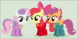 Size: 730x371 | Tagged: safe, artist:selenaede, artist:stephen-fisher, derpibooru import, apple bloom, scootaloo, sweetie belle, earth pony, pegasus, pony, unicorn, g4, adorabloom, apple bloom's bow, base used, bodysuit, bow, calm, clothes, cute, cutealoo, cutie mark crusaders, cutie mark cuties, diasweetes, hair bow, hippie, horn, image, jewelry, necklace, peace suit, peace symbol, peaceful, png, simple background, smiling, trio, white background